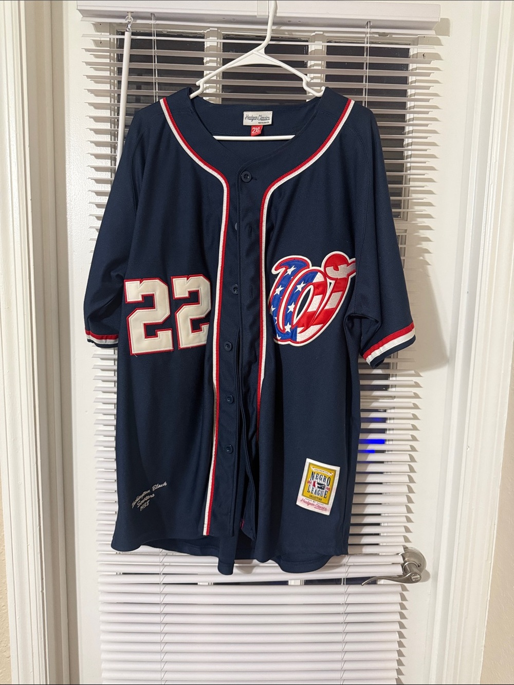 Navy Baseball Jersey with Patriotic Script Logo and Number 22